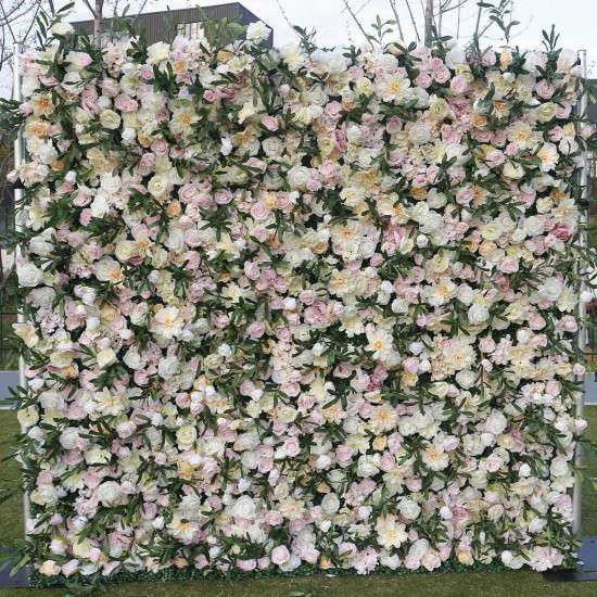 light pink rose hydrangea land lily mix flowers rolling up fabric peony artificial floral wall outdoor wedding backdrop decor birthday party props