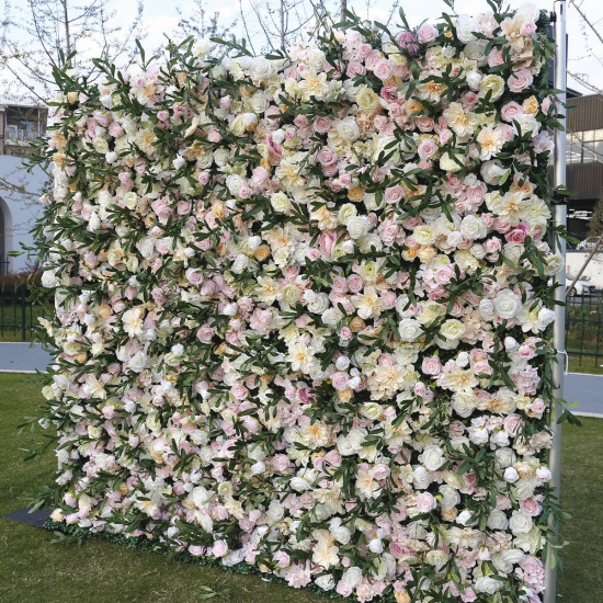 light pink rose hydrangea land lily mix flowers rolling up fabric peony artificial floral wall outdoor wedding backdrop decor birthday party props