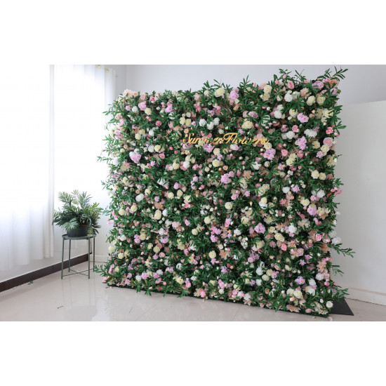 light yellow and pink roses and hydrangeas and green leaves cloth roll up flower wall fabric hanging curtain plant wall event party wedding backdrop