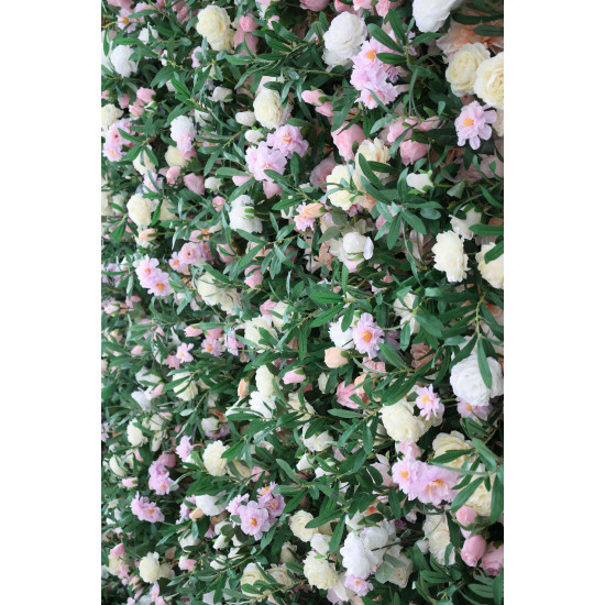 light yellow and pink roses and hydrangeas and green leaves cloth roll up flower wall fabric hanging curtain plant wall event party wedding backdrop