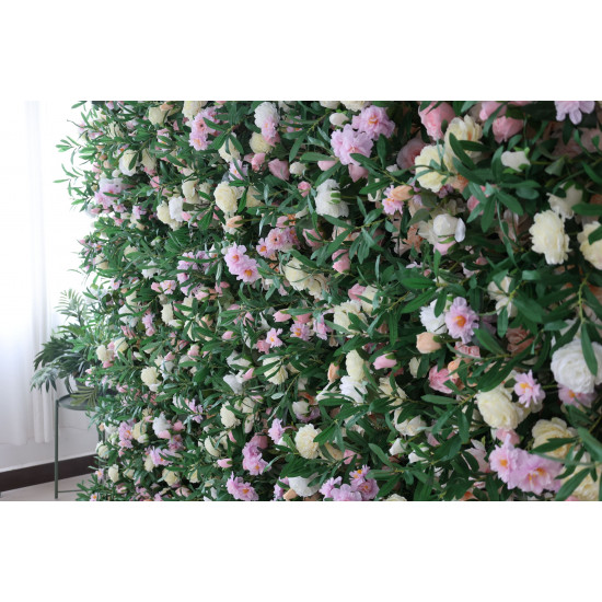 light yellow and pink roses and hydrangeas and green leaves cloth roll up flower wall fabric hanging curtain plant wall event party wedding backdrop