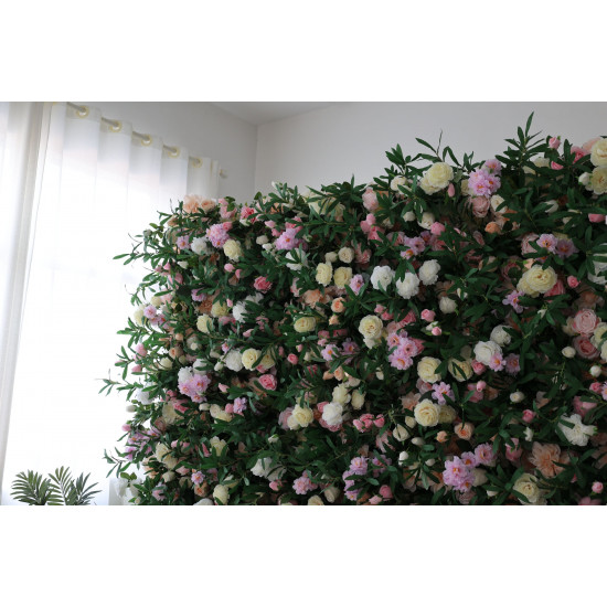 light yellow and pink roses and hydrangeas and green leaves cloth roll up flower wall fabric hanging curtain plant wall event party wedding backdrop