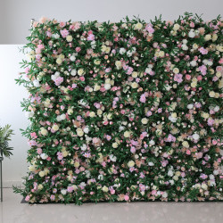 light yellow and pink roses and hydrangeas and green leaves cloth roll up flower wall fabric hanging curtain plant wall event party wedding backdrop