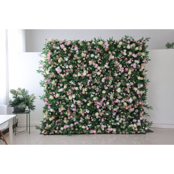 light yellow and pink roses and hydrangeas and green leaves cloth roll up flower wall fabric hanging curtain plant wall event party wedding backdrop