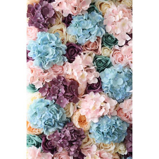 light yellow and purple roses and peonies and mixed color hydrangeas cloth roll up flower wall fabric hanging curtain plant wall event party wedding backdrop