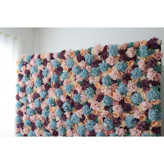 light yellow and purple roses and peonies and mixed color hydrangeas cloth roll up flower wall fabric hanging curtain plant wall event party wedding backdrop