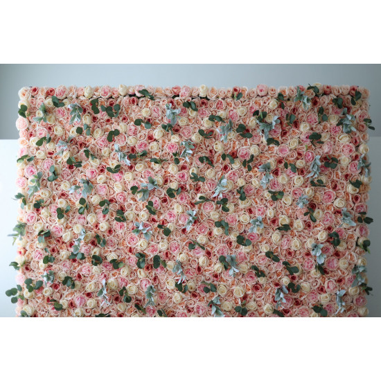 light yellow roses and pink roses and peonies and green leaves cloth roll up flower wall fabric hanging curtain plant wall event party wedding backdrop