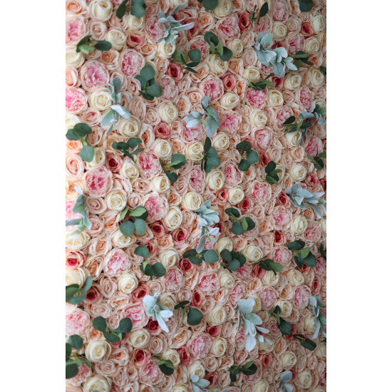 light yellow roses and pink roses and peonies and green leaves cloth roll up flower wall fabric hanging curtain plant wall event party wedding backdrop