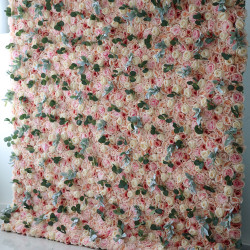 light yellow roses and pink roses and peonies and green leaves cloth roll up flower wall fabric hanging curtain plant wall event party wedding backdrop