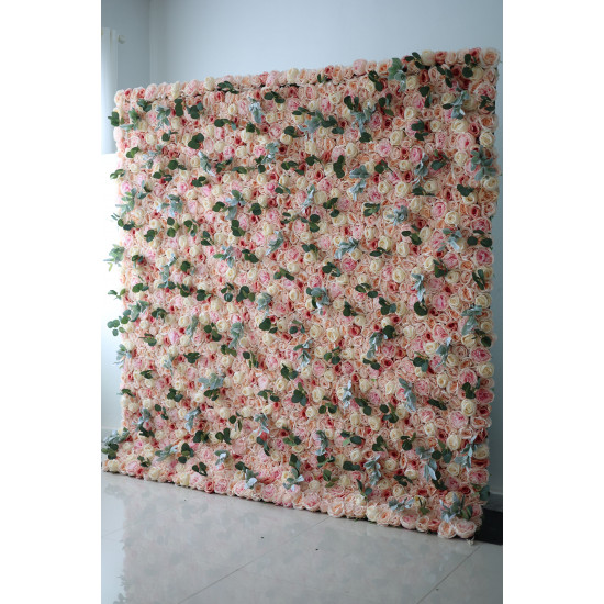 light yellow roses and pink roses and peonies and green leaves cloth roll up flower wall fabric hanging curtain plant wall event party wedding backdrop