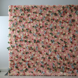 light yellow roses and pink roses and peonies and green leaves cloth roll up flower wall fabric hanging curtain plant wall event party wedding backdrop