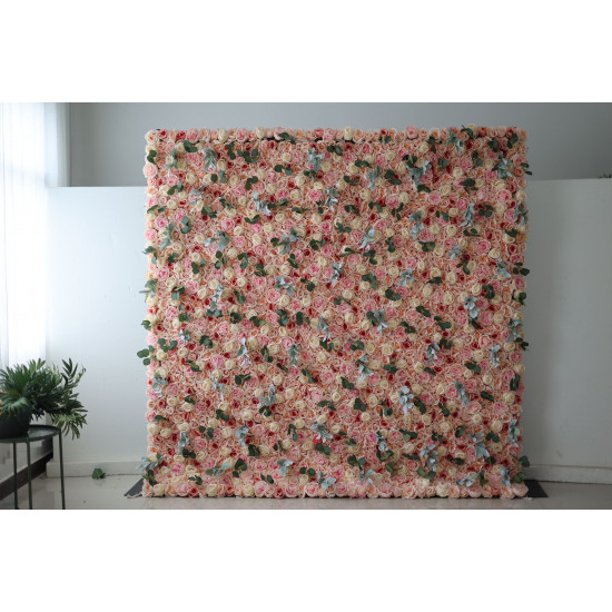 light yellow roses and pink roses and peonies and green leaves cloth roll up flower wall fabric hanging curtain plant wall event party wedding backdrop