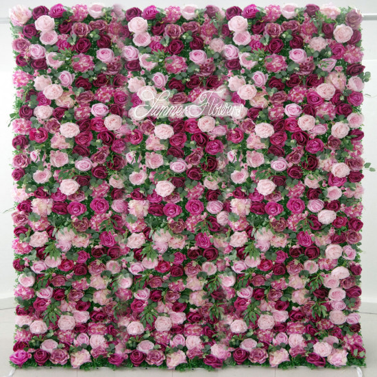 luxury artificial pink fuchsia rose flower wall roll up hanging fabric cloth mixed floral wall for wedding home office party bridal shower decor backdrop