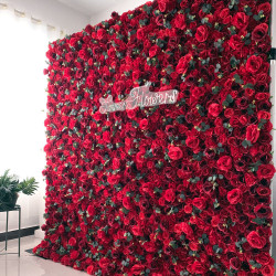 luxury eucalyptus stem red roses flower wall roll up hanging fabric cloth mixed floral wall for wedding home office party bridal shower decor backdrop