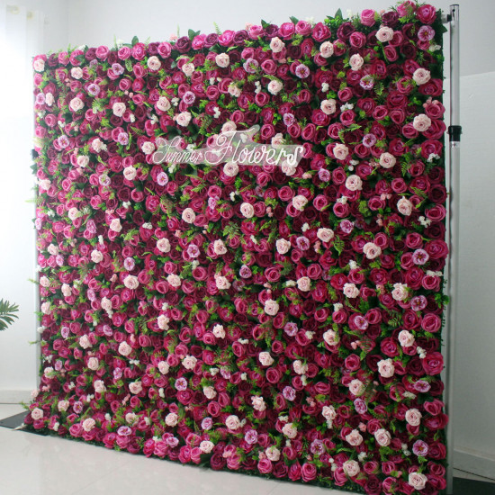 luxury fuchsia champagne rose flower wall roll up hanging fabric cloth mixed floral wall for wedding home office party bridal shower decor backdrop