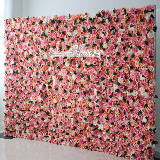 luxury pink white light orange roses flower wall roll up hanging fabric cloth mixed floral wall for wedding home office party bridal shower decor backdrop