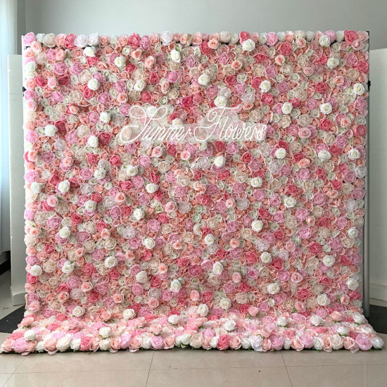 luxury pink white light pink roses flower wall roll up hanging fabric cloth mixed floral wall for wedding home office party bridal shower decor backdrop