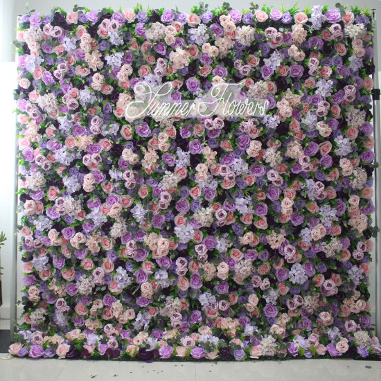 luxury purple light pink roses flower wall roll up hanging fabric cloth mixed floral wall for wedding home office party bridal shower decor backdrop