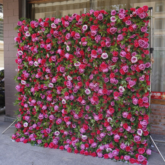 luxury roll up purple red roses fabric artificial flower wall green plants wall party wedding backdrop deco floral arrangement photo props