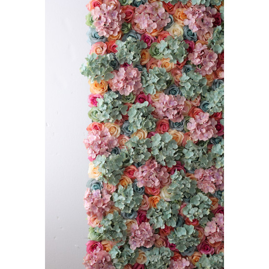 mixed color roses and green and pink hydrangeas cloth roll up flower wall fabric hanging curtain plant wall event party wedding backdrop