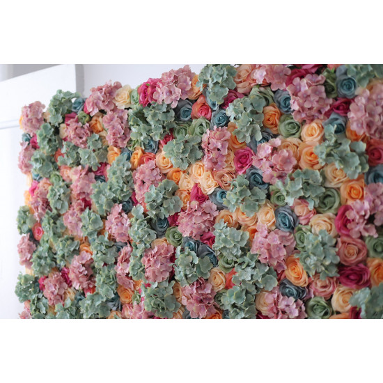 mixed color roses and green and pink hydrangeas cloth roll up flower wall fabric hanging curtain plant wall event party wedding backdrop