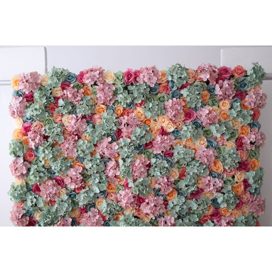 mixed color roses and green and pink hydrangeas cloth roll up flower wall fabric hanging curtain plant wall event party wedding backdrop