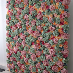 mixed color roses and green and pink hydrangeas cloth roll up flower wall fabric hanging curtain plant wall event party wedding backdrop