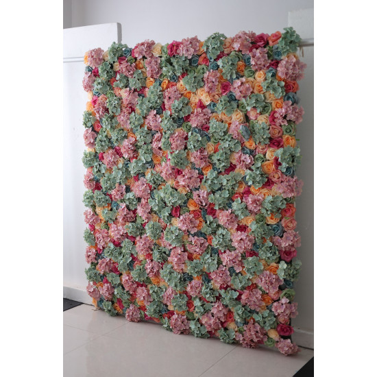 mixed color roses and green and pink hydrangeas cloth roll up flower wall fabric hanging curtain plant wall event party wedding backdrop