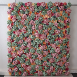 mixed color roses and green and pink hydrangeas cloth roll up flower wall fabric hanging curtain plant wall event party wedding backdrop