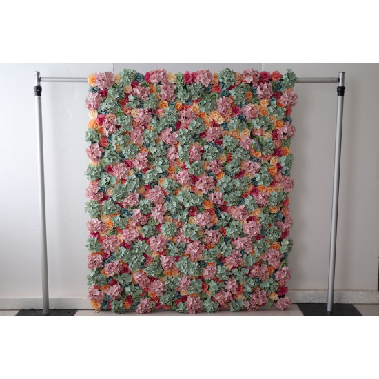 mixed color roses and green and pink hydrangeas cloth roll up flower wall fabric hanging curtain plant wall event party wedding backdrop