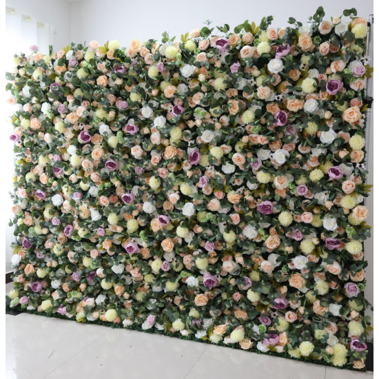 mixed color roses and green lasagna daisies and green leaves cloth roll up flower wall fabric hanging curtain plant wall event party wedding backdrop