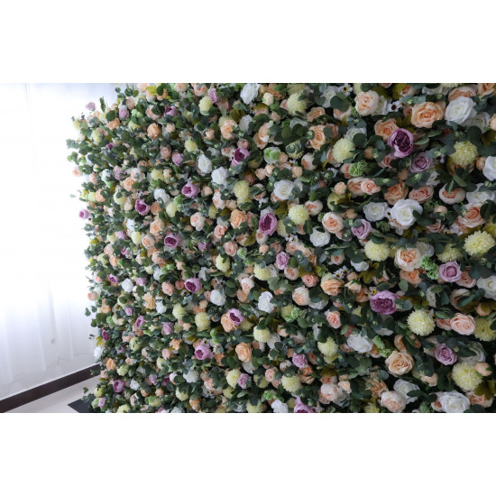 mixed color roses and green lasagna daisies and green leaves cloth roll up flower wall fabric hanging curtain plant wall event party wedding backdrop