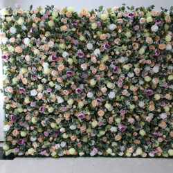 mixed color roses and green lasagna daisies and green leaves cloth roll up flower wall fabric hanging curtain plant wall event party wedding backdrop