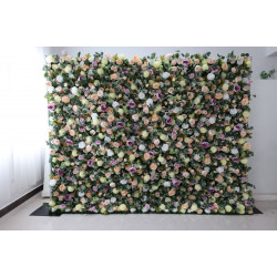 mixed color roses and green lasagna daisies and green leaves cloth roll up flower wall fabric hanging curtain plant wall event party wedding backdrop