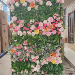 mixed color roses and green leaves cloth roll up flower wall fabric hanging curtain plant wall event party wedding backdrop
