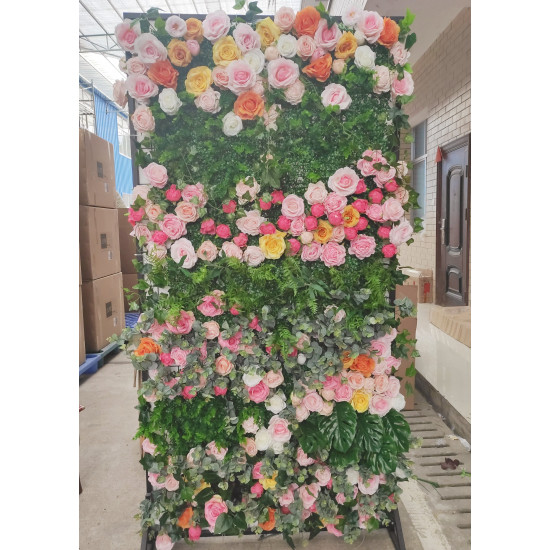 mixed color roses and green leaves cloth roll up flower wall fabric hanging curtain plant wall event party wedding backdrop