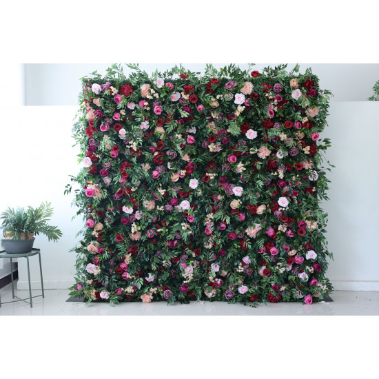 mixed color roses and green leaves cloth roll up flower wall fabric hanging curtain plant wall event party wedding backdrop