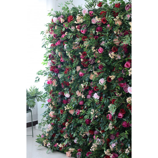 mixed color roses and green leaves cloth roll up flower wall fabric hanging curtain plant wall event party wedding backdrop