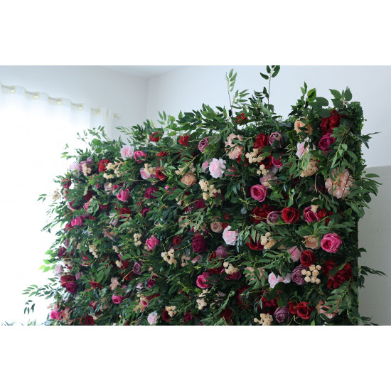 mixed color roses and green leaves cloth roll up flower wall fabric hanging curtain plant wall event party wedding backdrop