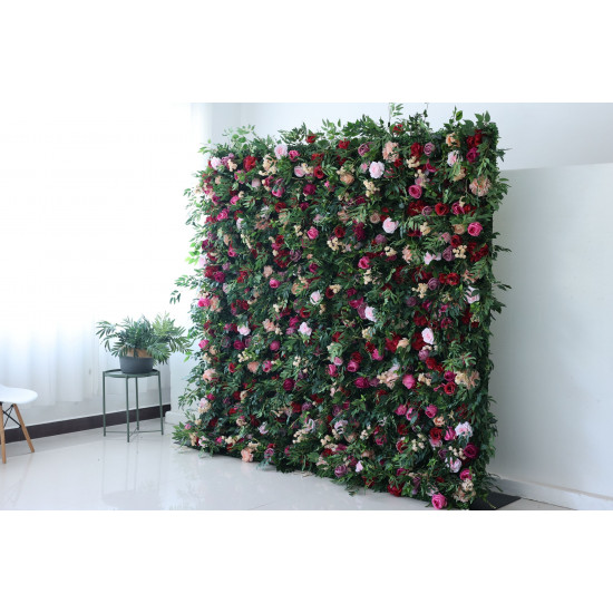 mixed color roses and green leaves cloth roll up flower wall fabric hanging curtain plant wall event party wedding backdrop