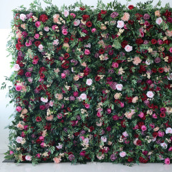 mixed color roses and green leaves cloth roll up flower wall fabric hanging curtain plant wall event party wedding backdrop