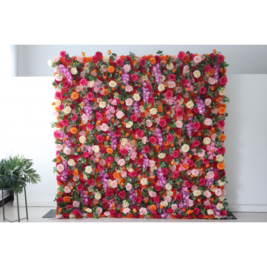 mixed color roses and green leaves cloth roll up flower wall fabric hanging curtain plant wall event party wedding backdrop