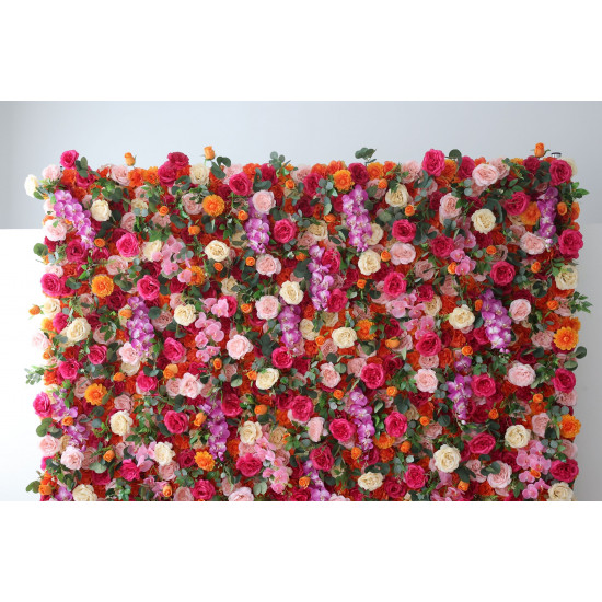 mixed color roses and green leaves cloth roll up flower wall fabric hanging curtain plant wall event party wedding backdrop