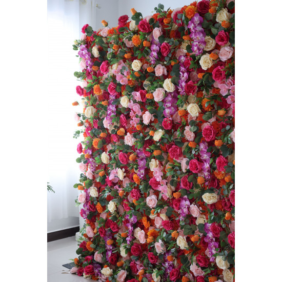 mixed color roses and green leaves cloth roll up flower wall fabric hanging curtain plant wall event party wedding backdrop