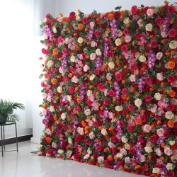 mixed color roses and green leaves cloth roll up flower wall fabric hanging curtain plant wall event party wedding backdrop