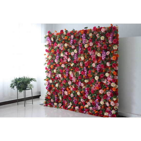 mixed color roses and green leaves cloth roll up flower wall fabric hanging curtain plant wall event party wedding backdrop