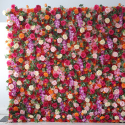 mixed color roses and green leaves cloth roll up flower wall fabric hanging curtain plant wall event party wedding backdrop