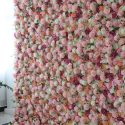 mixed color roses and kilim daisies and pink dahlias cloth roll up flower wall fabric hanging curtain plant wall event party wedding backdrop