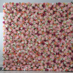 mixed color roses and kilim daisies and pink dahlias cloth roll up flower wall fabric hanging curtain plant wall event party wedding backdrop