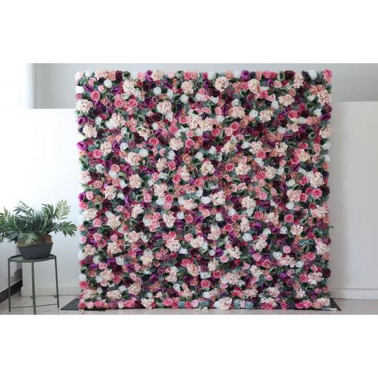 mixed color roses and pink hydrangeas and green leaves cloth roll up flower wall fabric hanging curtain plant wall event party wedding backdrop